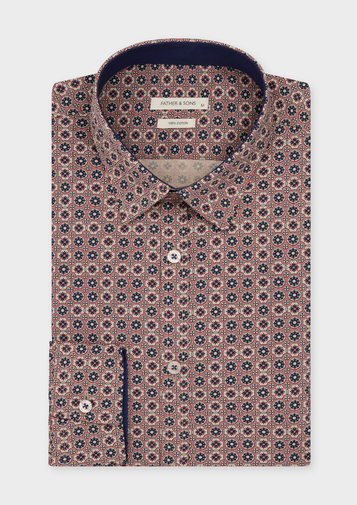 Chemise sport Slim en popeline de coton beige à motif fantaisie rouge et bleu marine