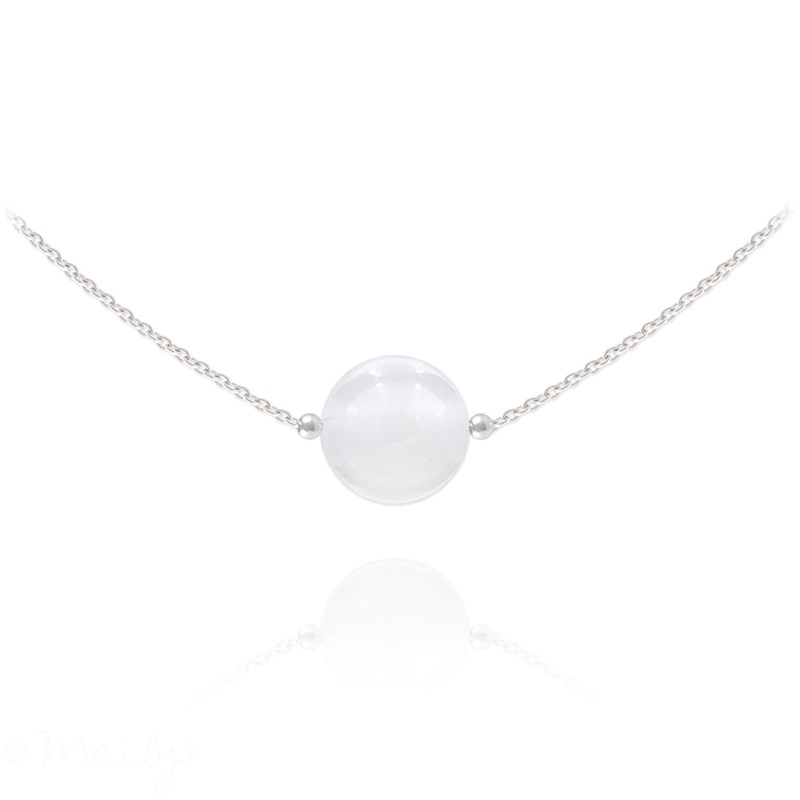 Collier ras du cou en argent 925 rhodié avec pierre naturelle 10mm - Jade Blanc
