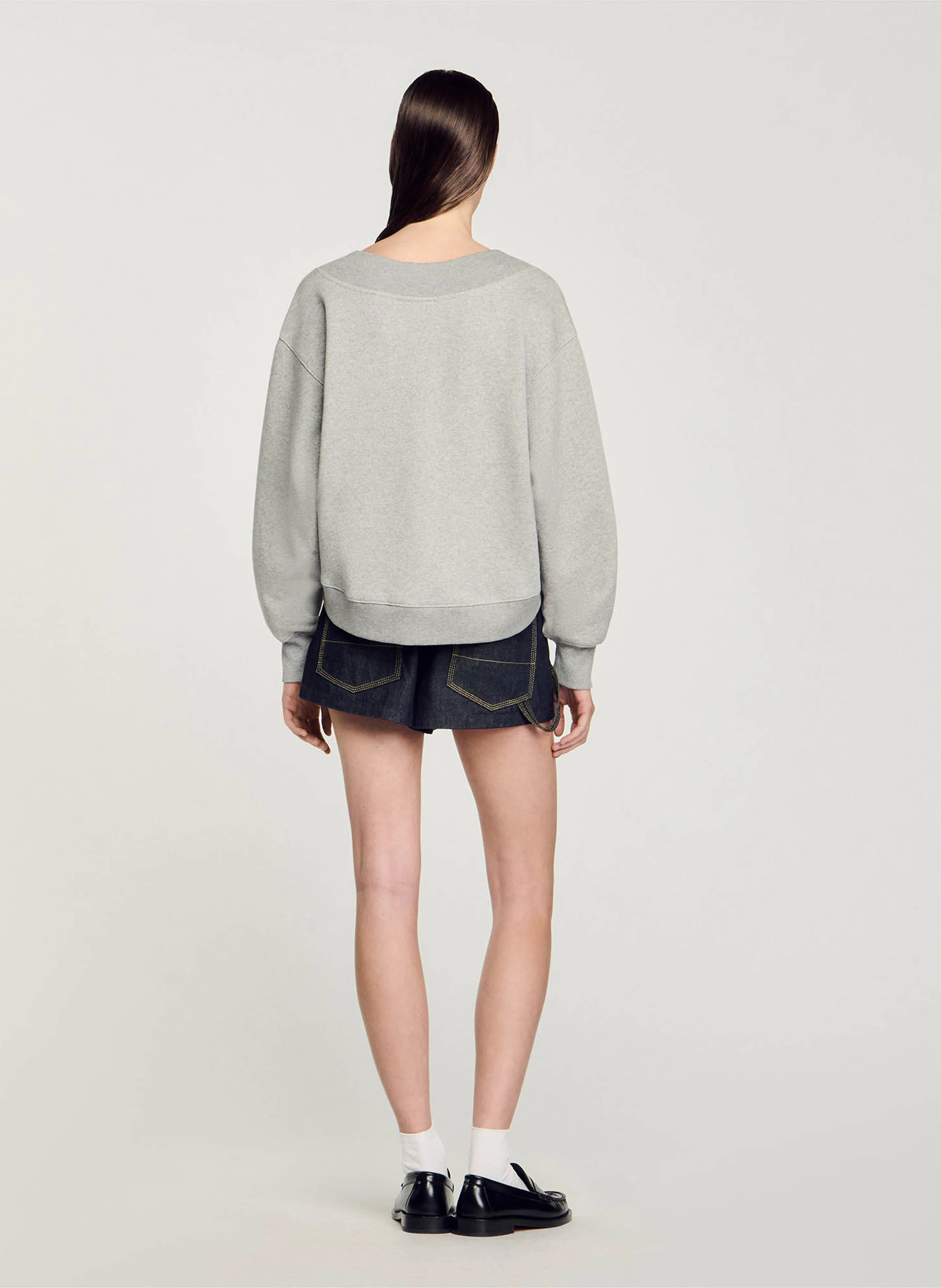 Sweat col V ample en coton mélangé | Gris