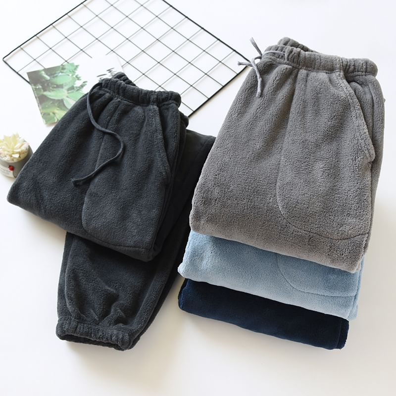 molpes - Hoge taille effen koraal fleece pyjamabroek (verschillende ontwerpen)