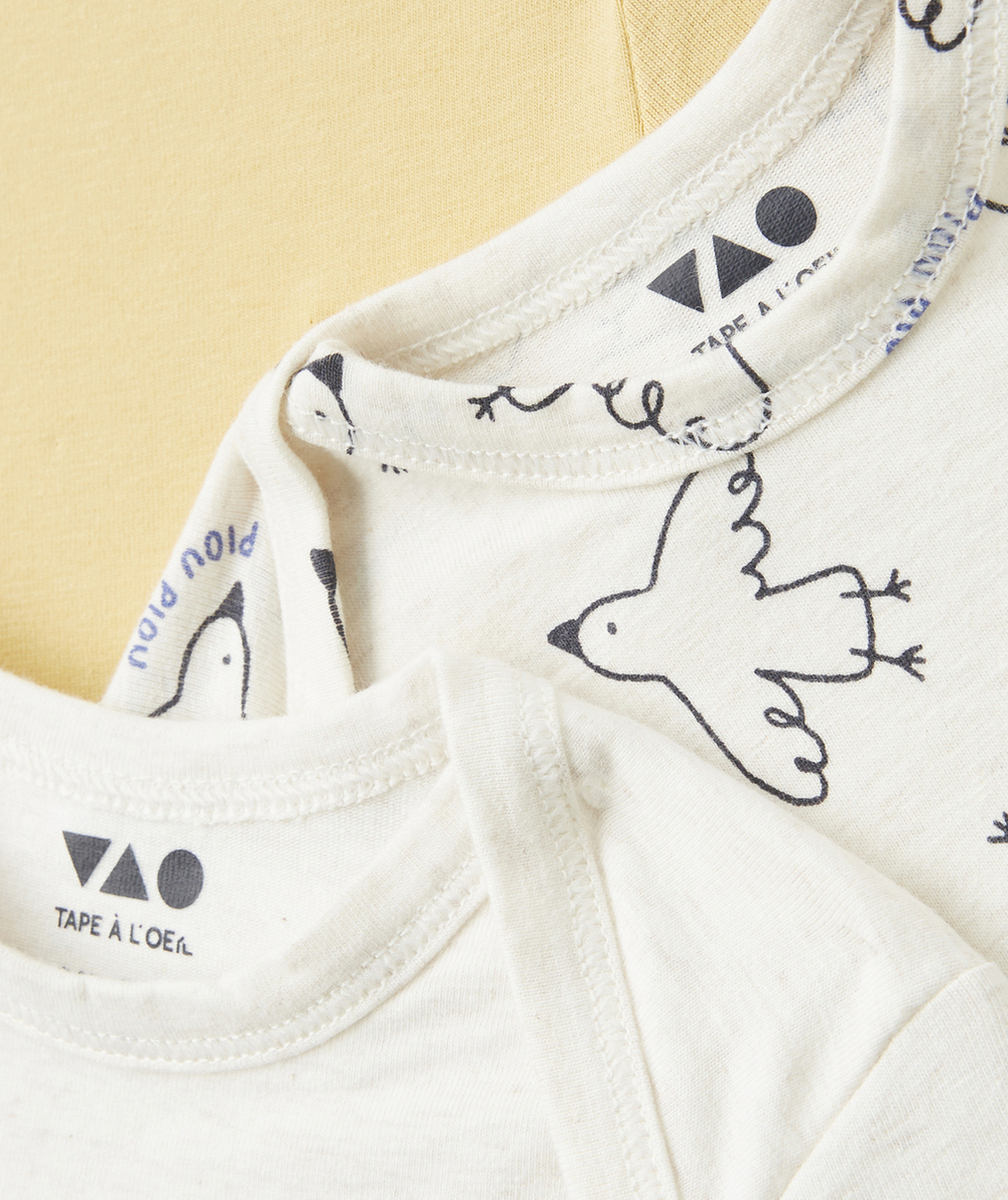 lot de 3 bodies bébé en coton bio uni jaune et imprimé thème oiseaux