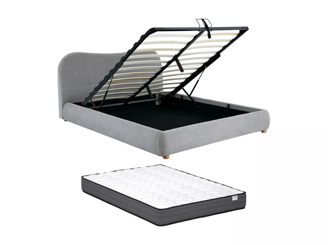 Lit coffre 160 x 200 cm - Tissu - Gris clair + Matelas - VANARI