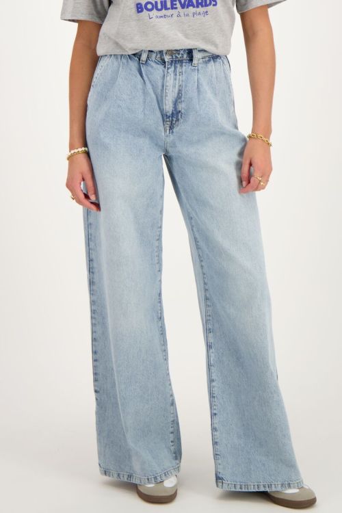 Blauwe denim wide leg jeans met plooien