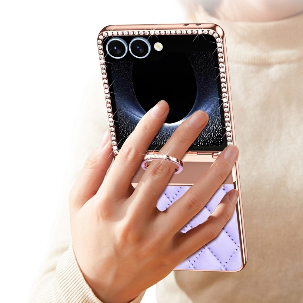 Samsung Galaxy Z Flip7 Hardcase Hülle Finger Griff Ring Halterung Glitzer Design   Scharnier Design - Lila / Roségold