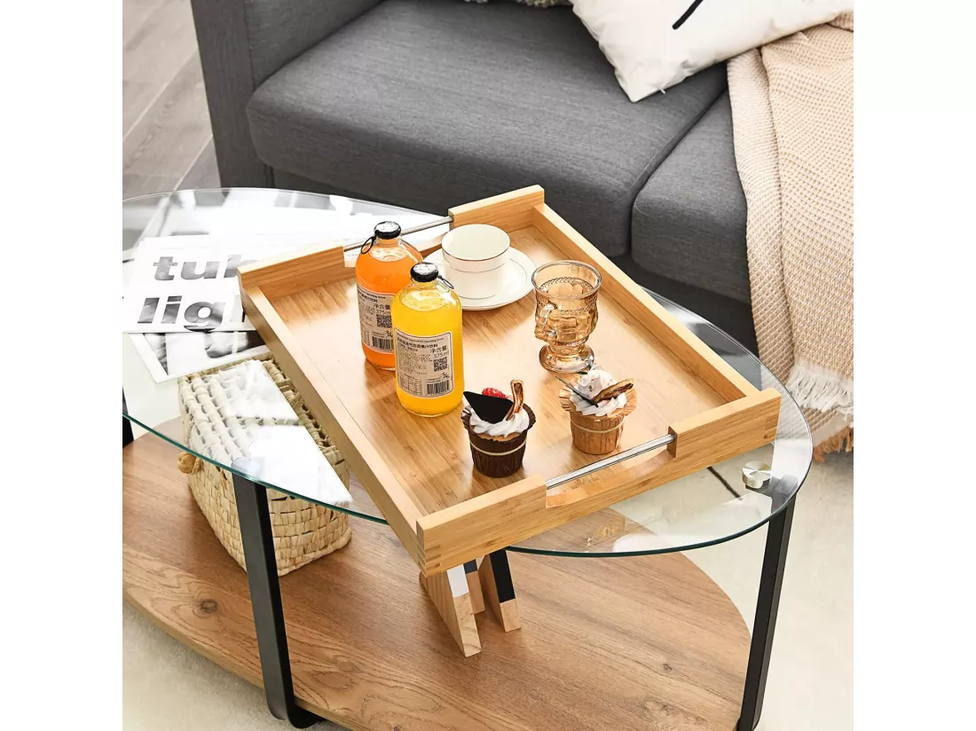 Table d'appoint pliante, en bambou avec poignées en acier, plateau amovible