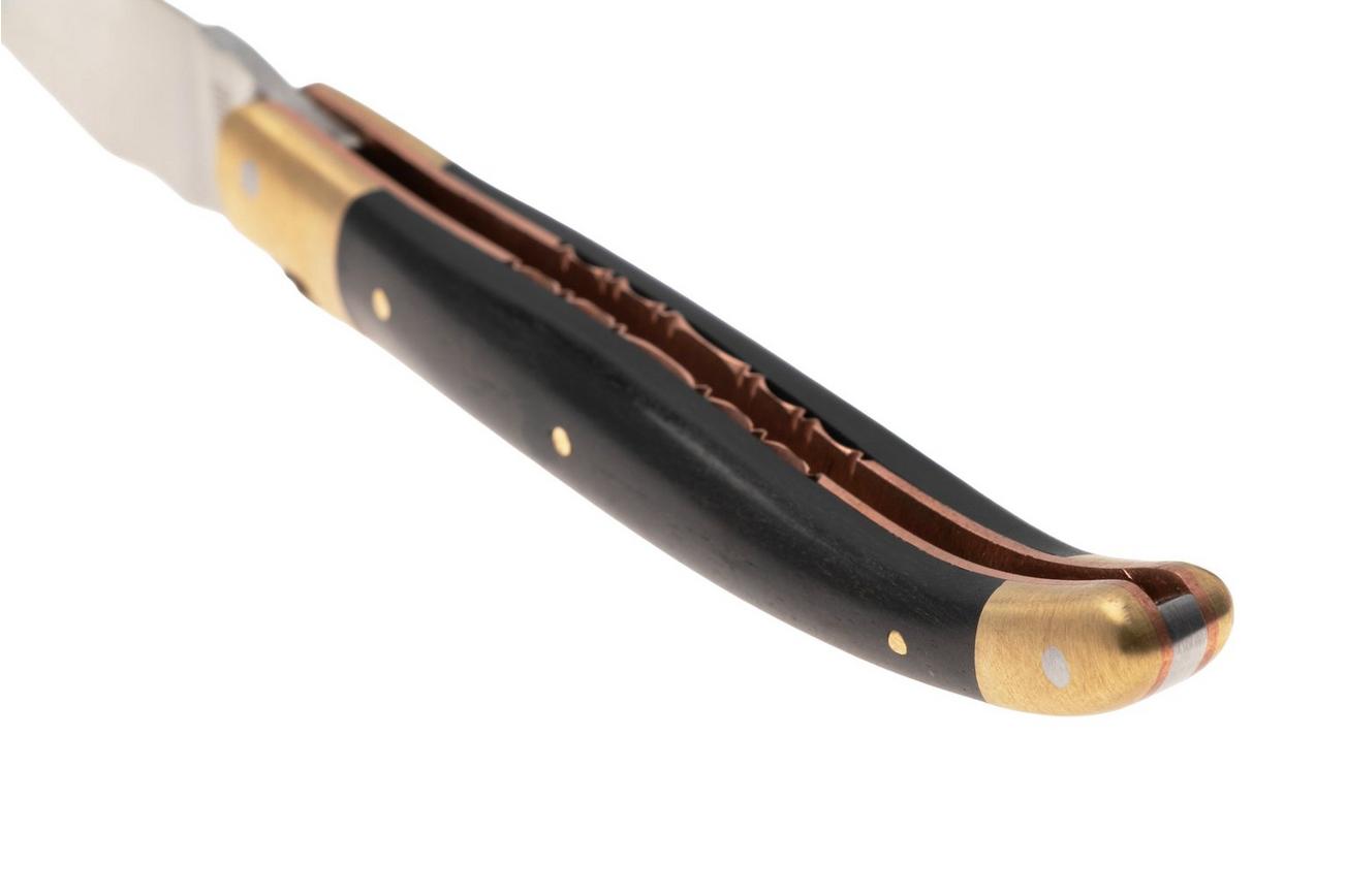 Laguiole en Aubrac Le Bijou L0212LCHB/EBBJ Ebony, Handcarved Copper Plates, Matt Brass Bolsters, zakmes, 12 cm