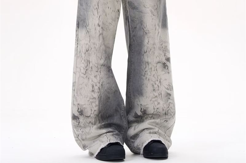 AXEN - Mid Rise Print Washed Wide Leg Jeans