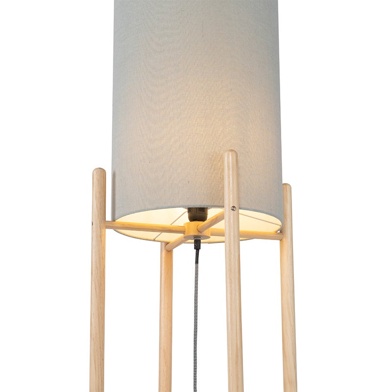 QAZQA - Country House I Vintage landelijke vloerlamp, hout met grijze kap - Lengi I Woonkamer I Slaapkamer - Textiel, langwerpig I Cilinder - LED-compatibel, E27