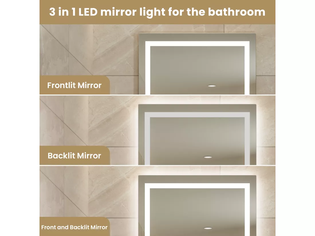 LED Miroir Lumineux Loupe+Tricolore + Anti-buée 90x60cm Salle de Bain Dimmable,Mémoire,Tactile
