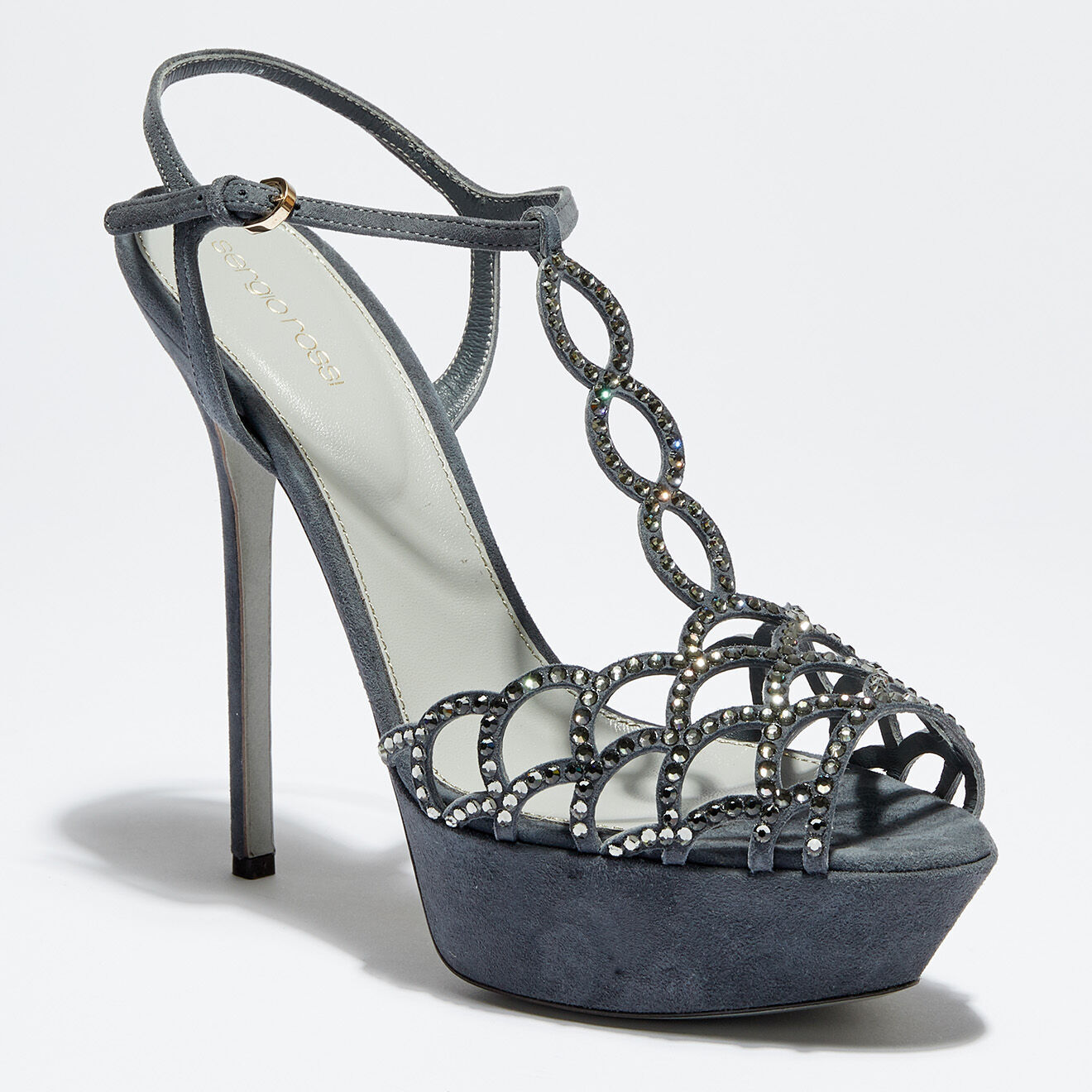Sergio Rossi Sandales en Velours de Cuir Diamond strassées bleu gris Talon 14.5 cm