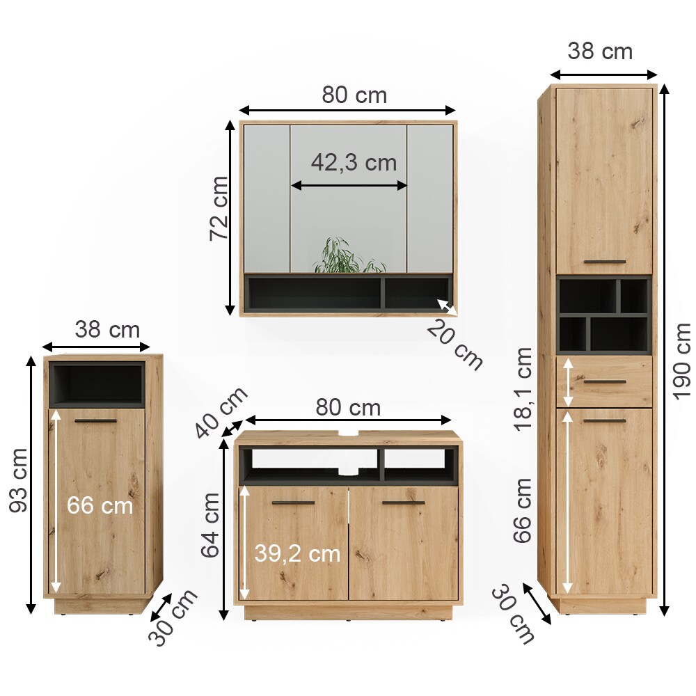 Vicco Badmöbel-Set Badezimmer-Möbel Bad-Schrank Beatrice Eiche Anthrazit modern Badezimmerschrank Waschtischunterschrank Spiegelschrank Midischrank Hochschrank Schranktür Schrankfach