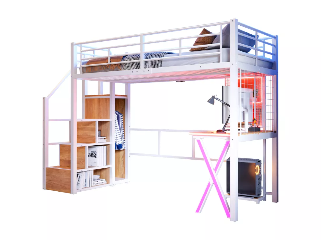 Lit mezzanine 90x200cm avec LED - bureau + penderie + échelle de rangement - Blanc