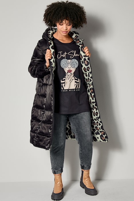 Wende-Steppmantel, Straight Fit, Leo/uni, Kapuze, 2-Wege-Zipper, Langarm
