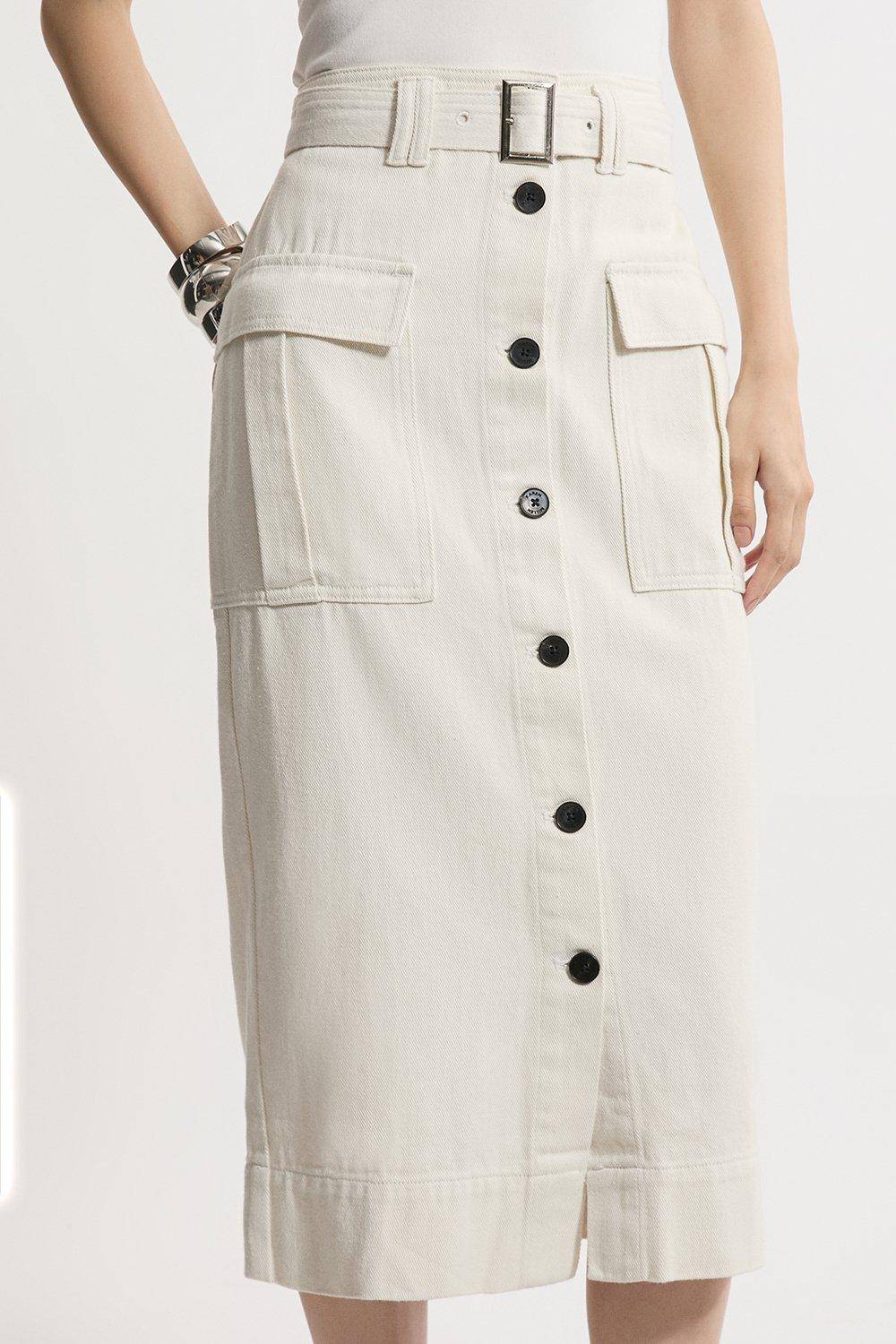 KarenMillen Jupe midi en denim cargo à poches et ceinture