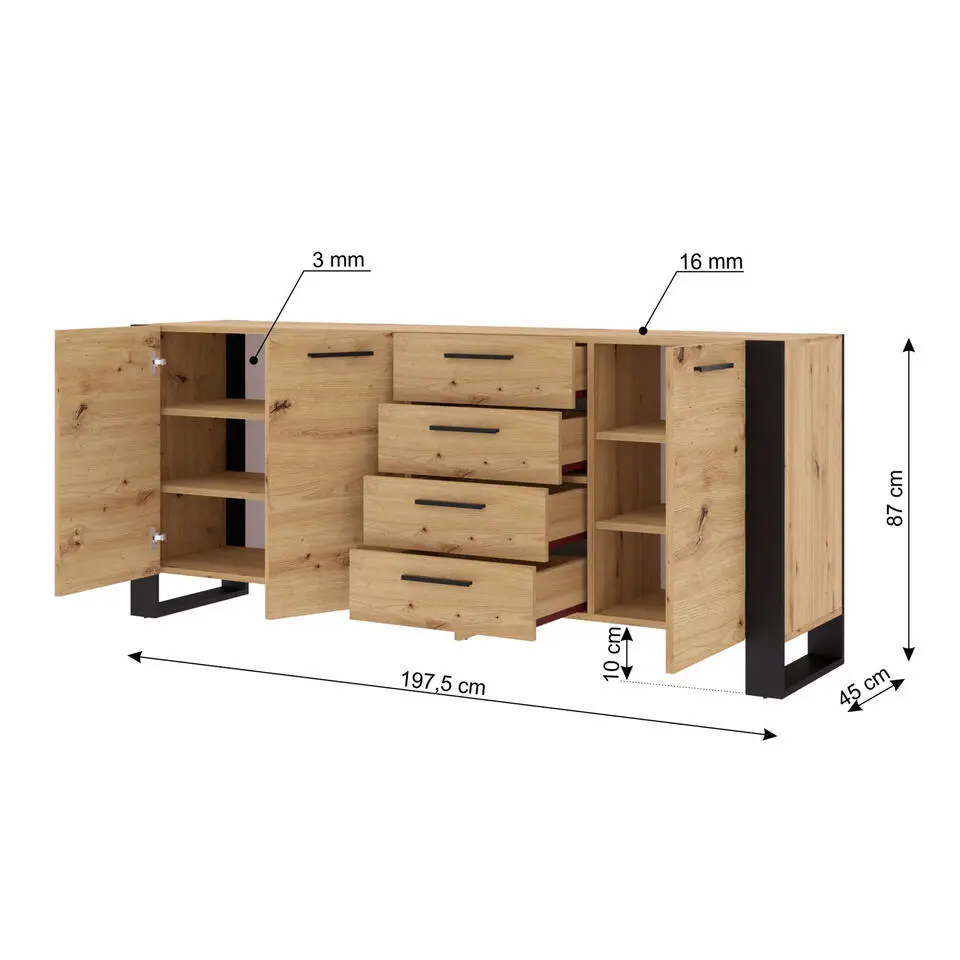 NUKA K dressoir 197 cm 4 lades zwart artisan eiken
