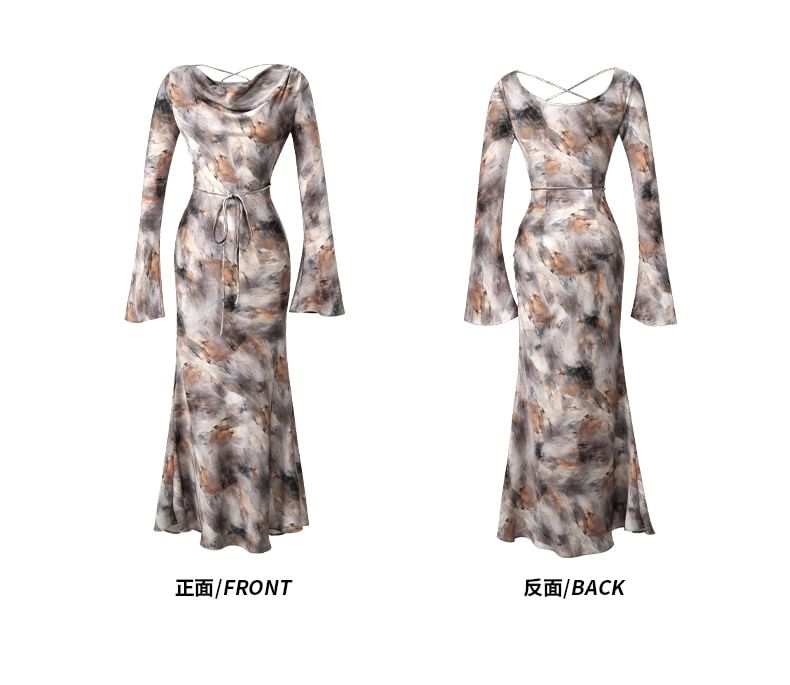 ZY·HT - Midi-jurk met lange mouwen en col en tie-dye-print