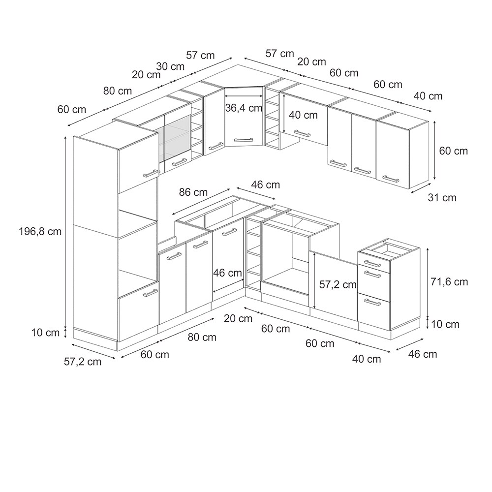 Vicco Eckküche R-Line 247x237 cm Schwarz Beton Eiche ohne Arbeitsplatte