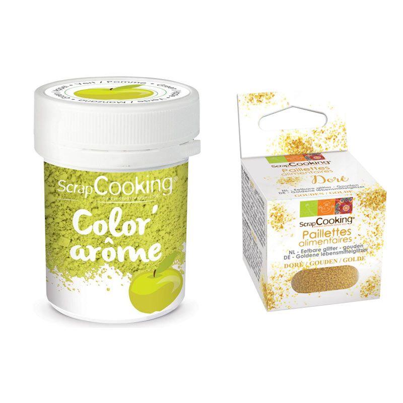 Colorant alimentaire vert arôme pomme + paillettes dorées Scrapcooking