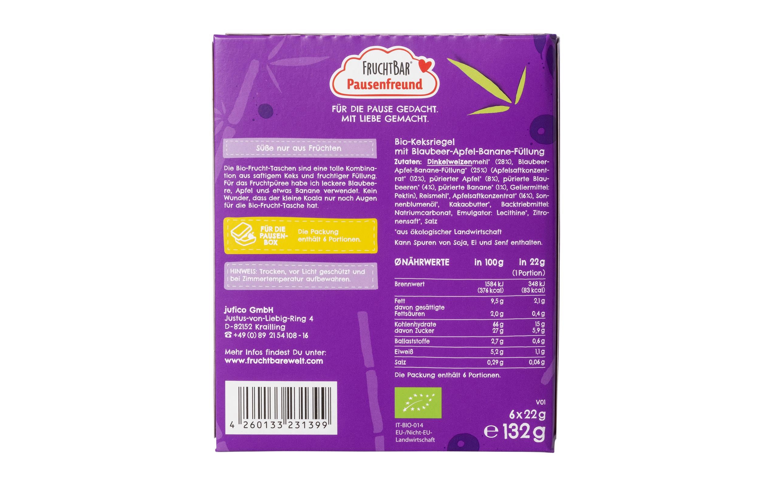 Riegel Fruchttasche Dinkel, Blaubeere, Apfel 6 x 22gBio-Keks-Riegel mit Fruchtfüllung