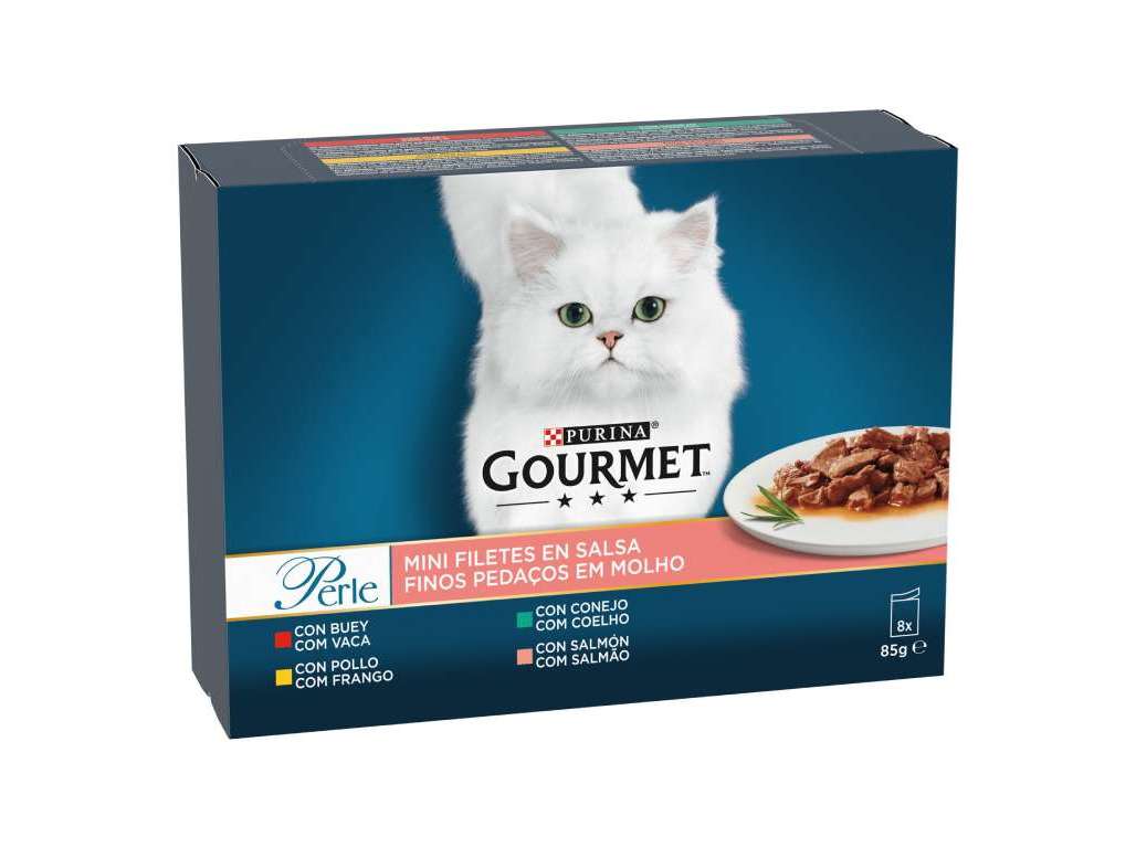 COMIDA HÚMIDA PARA GATO GOURMET PERLE FINOS PEDAÇOS COM MOLHO 8X85G