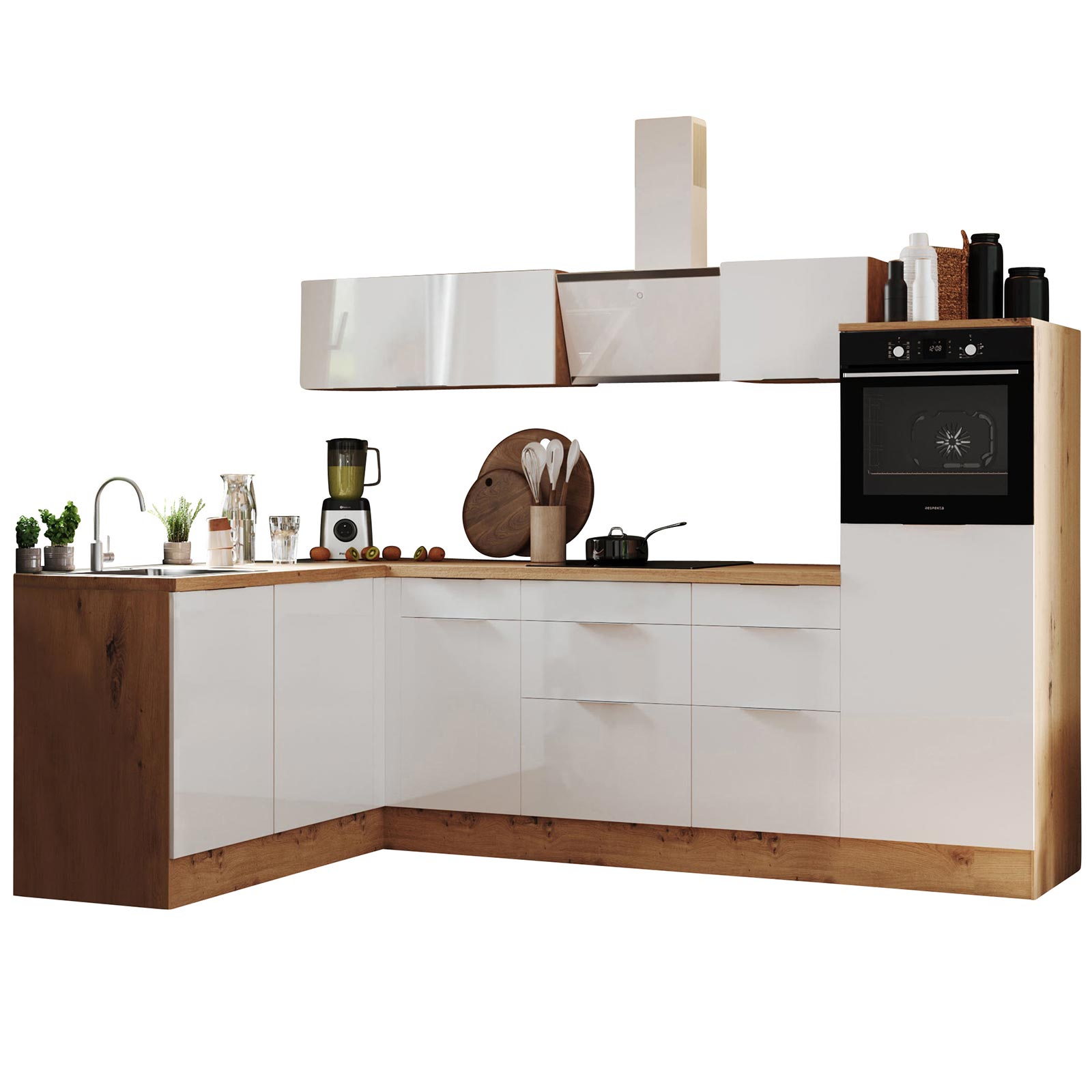 RESPEKTA Winkelküche - weiß Hochglanz - Artisan Eiche - mit E-Geräten - 280x175 cm