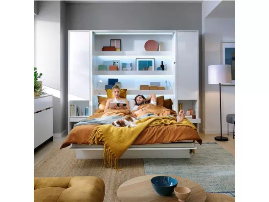 Lit escamotable horizontal avec étagères blanc brillant Noby 120x200-Avec Led et 1 veilleuse