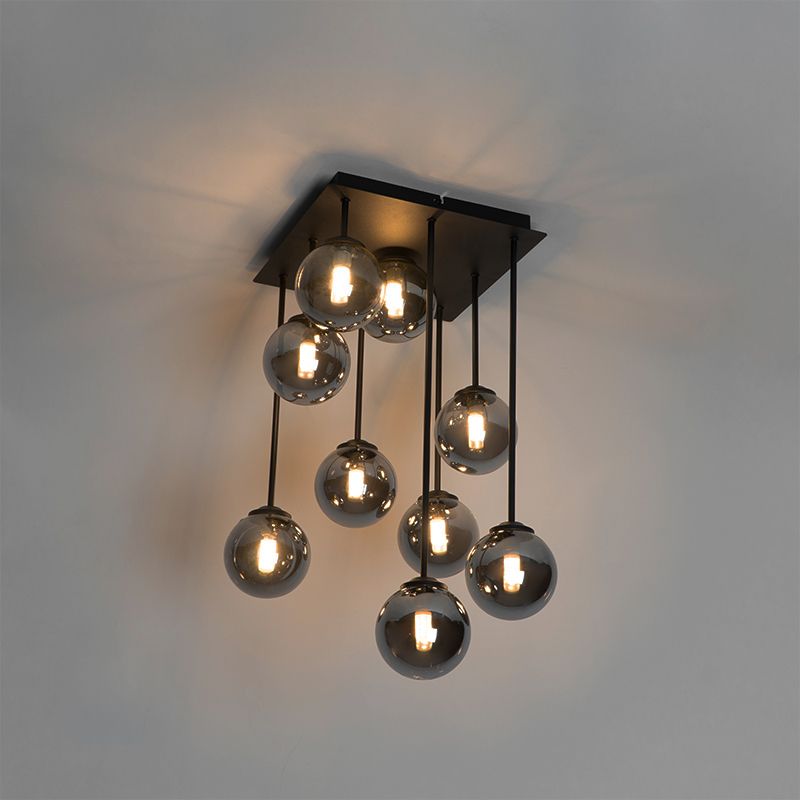 Moderne plafondlamp zwart 9-lichts met smoke glas - Athens