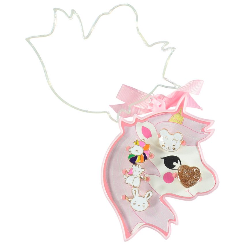 Lot de 5 bagues fantaisie + boîte licorne pour fille - Gris clair