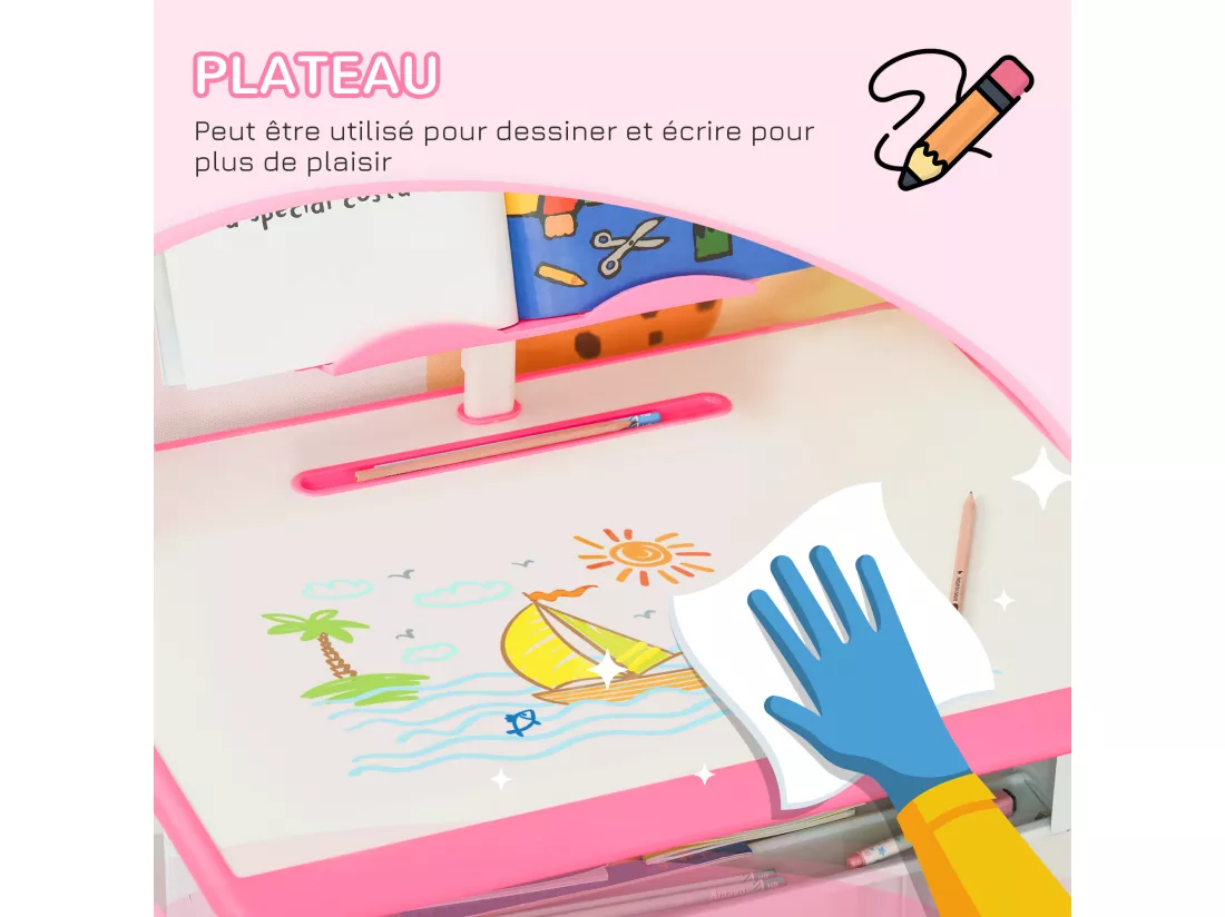 Bureau enfant avec chaise - ensemble bureau et chaise réglable - support de lecture, case - rose blanc