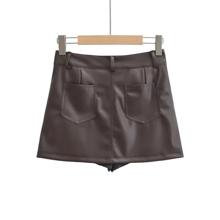 Flotto - Hoge taille, effen imitatieleren mini-kokerrok