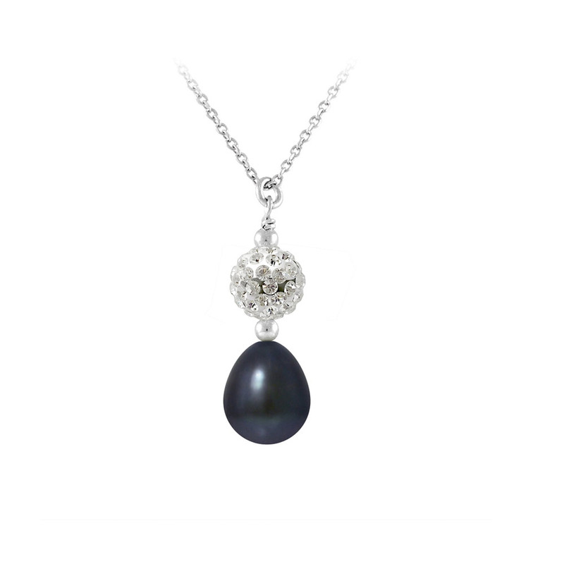 Collier Pendentif Perle de culture Noire, cristal et Argent 925