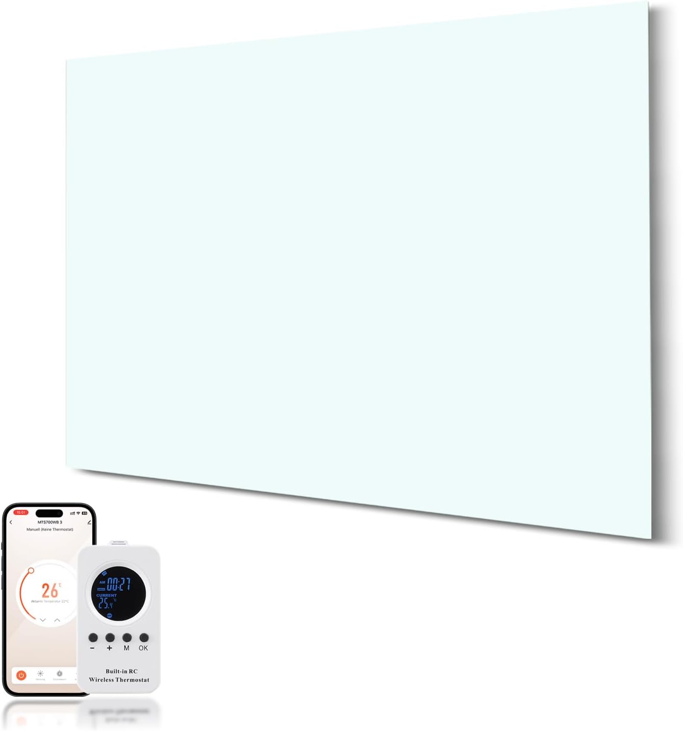 Infrarot-Glasheizung 600W – Infrarotheizung Wandmontage bis 120 Grad Celsius für 10-20㎡ - Smart-Elektroheizung mit Fernbedienung & WiFi (Tuya APP) - TÜV - 10 Jahren Garantie - Weiß