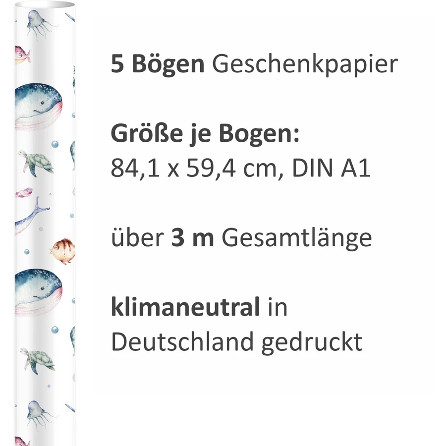 Nikima Geschenkpapier 5 Bögen Meerestiere bunt Aquarell – 1,60€qm Größe: - 84,1 x 59,4 cm bunt