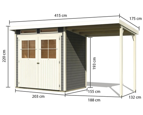 Karibu Glücksburg 2 tuinhuis met lessenaarsdak, 415 x 175 cm, terragrijs