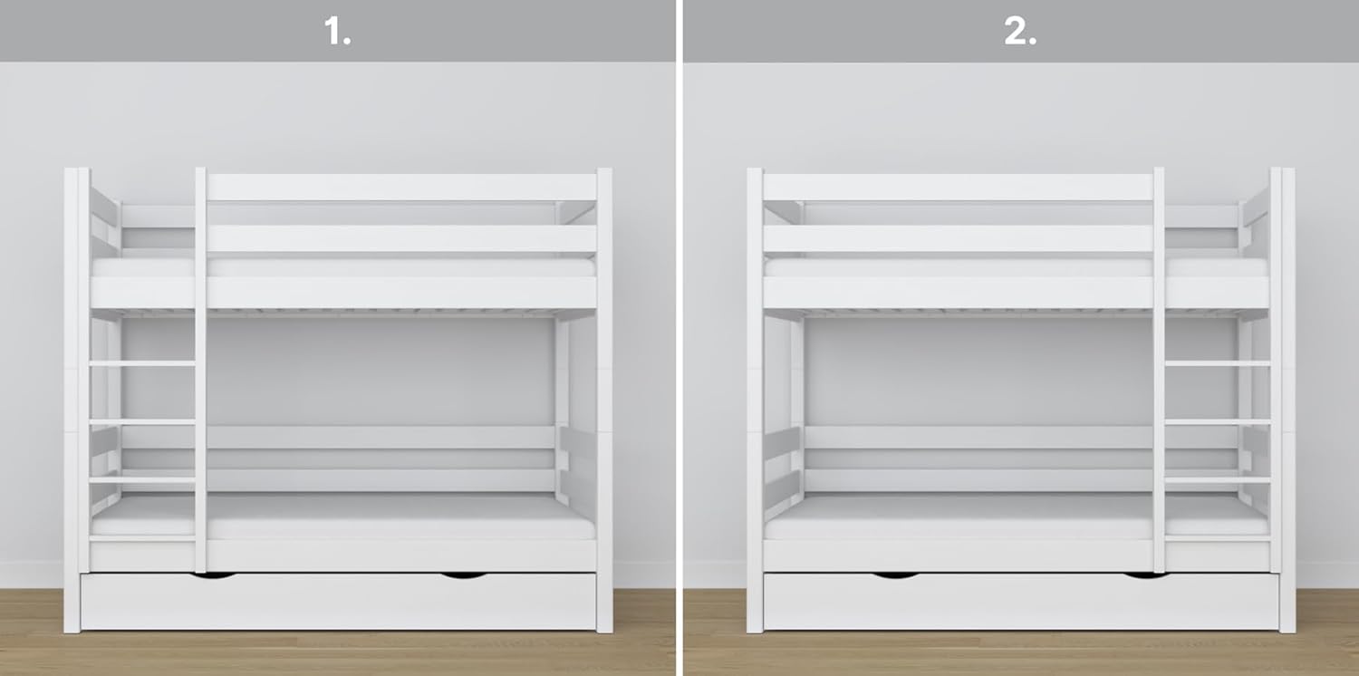 N01 Etagenbett mit Schublade 90x200 cm, Kinderbett mit Leiter, 2 Leitermontageseiten: Links oder rechts, abgerundete Kanten, Stabile Massivholzkonstruktion, Hochwertige Materialien, Weiß