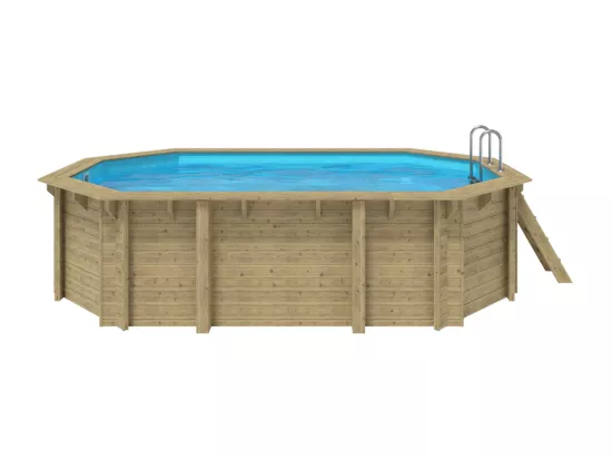 WATERCLIP - Piscine bois FSC octogonale 541 x 350 cm - 12m2 - Autoclave IV - Liner 70/100 - Rainurée languette + Filtration 8m3/h + Echelle - EMEO