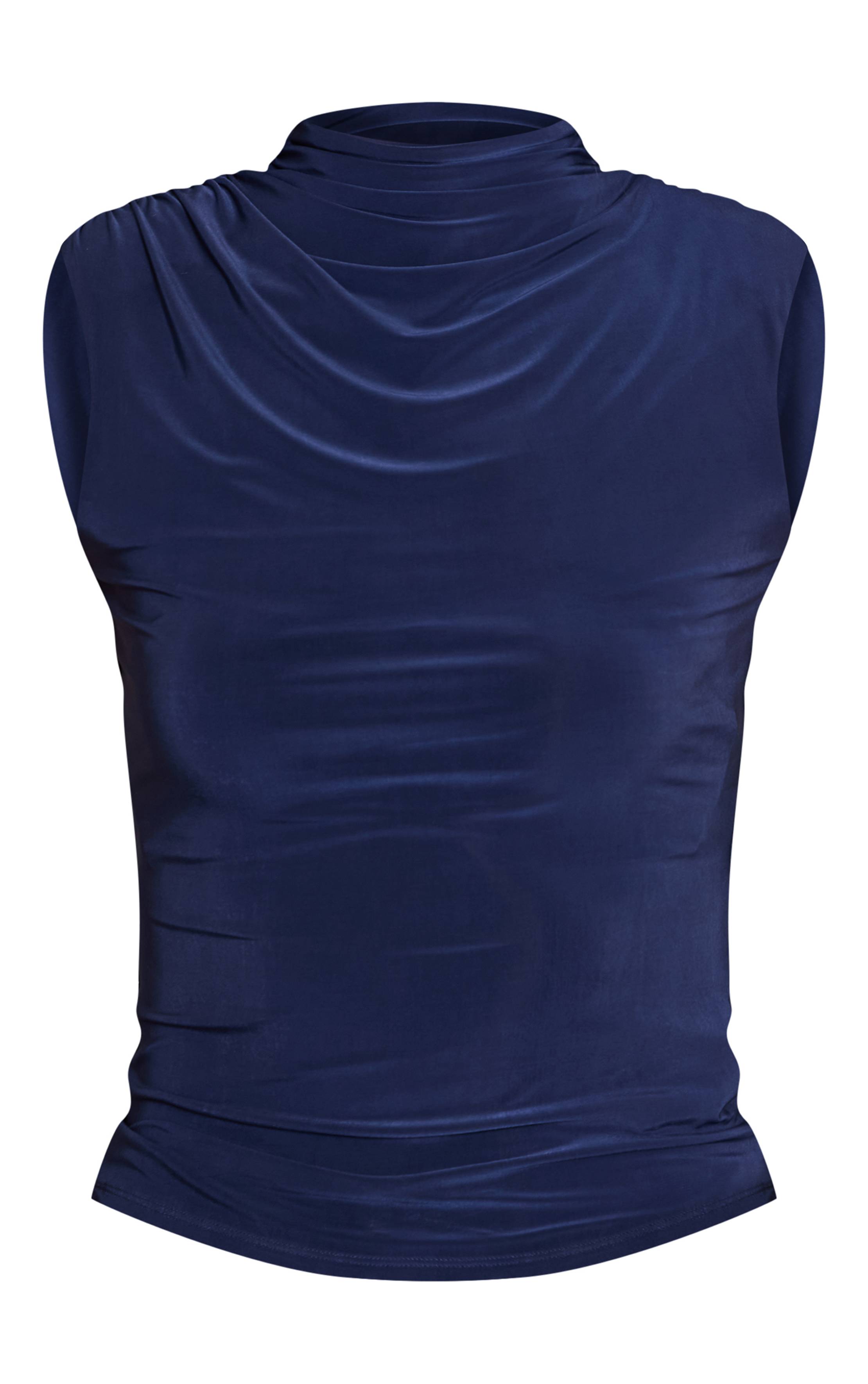 Bleu Marine Haut Sans Manches En Tissu Slinky Avec Détail D'épaule Froncé
