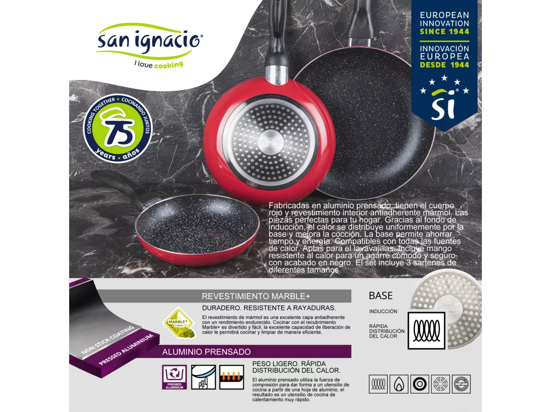 Set de 3 poêles avec revêtement en marbre ø16 cm ø20 cm ø24 cm ø24 cm