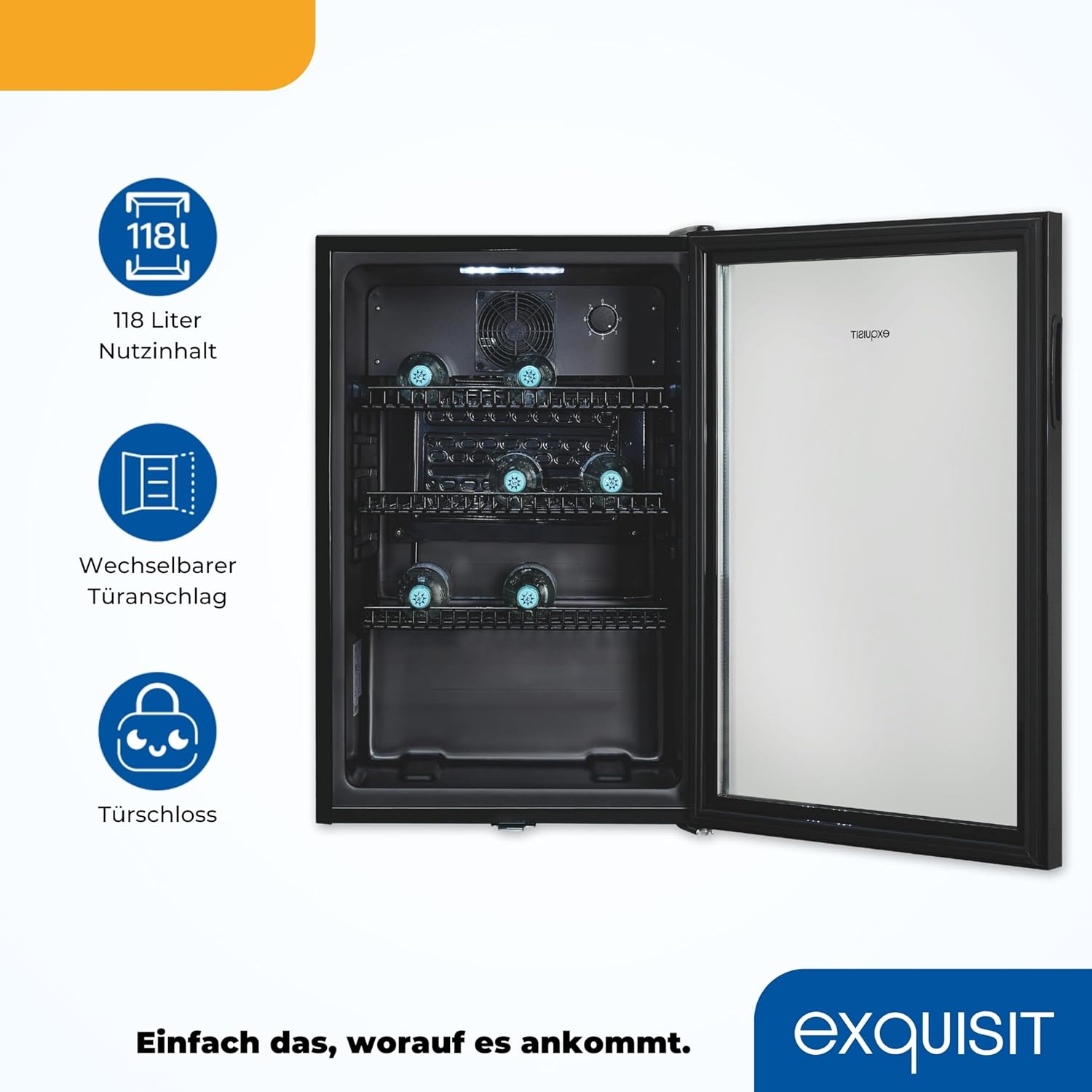 Exquisit Glastürkühlschrank GKS120-GT-160C schwarz | Nutzinhalt: 118 L | Türschloss | 3 Gitterablagen | Umluftventilator | Standgerät