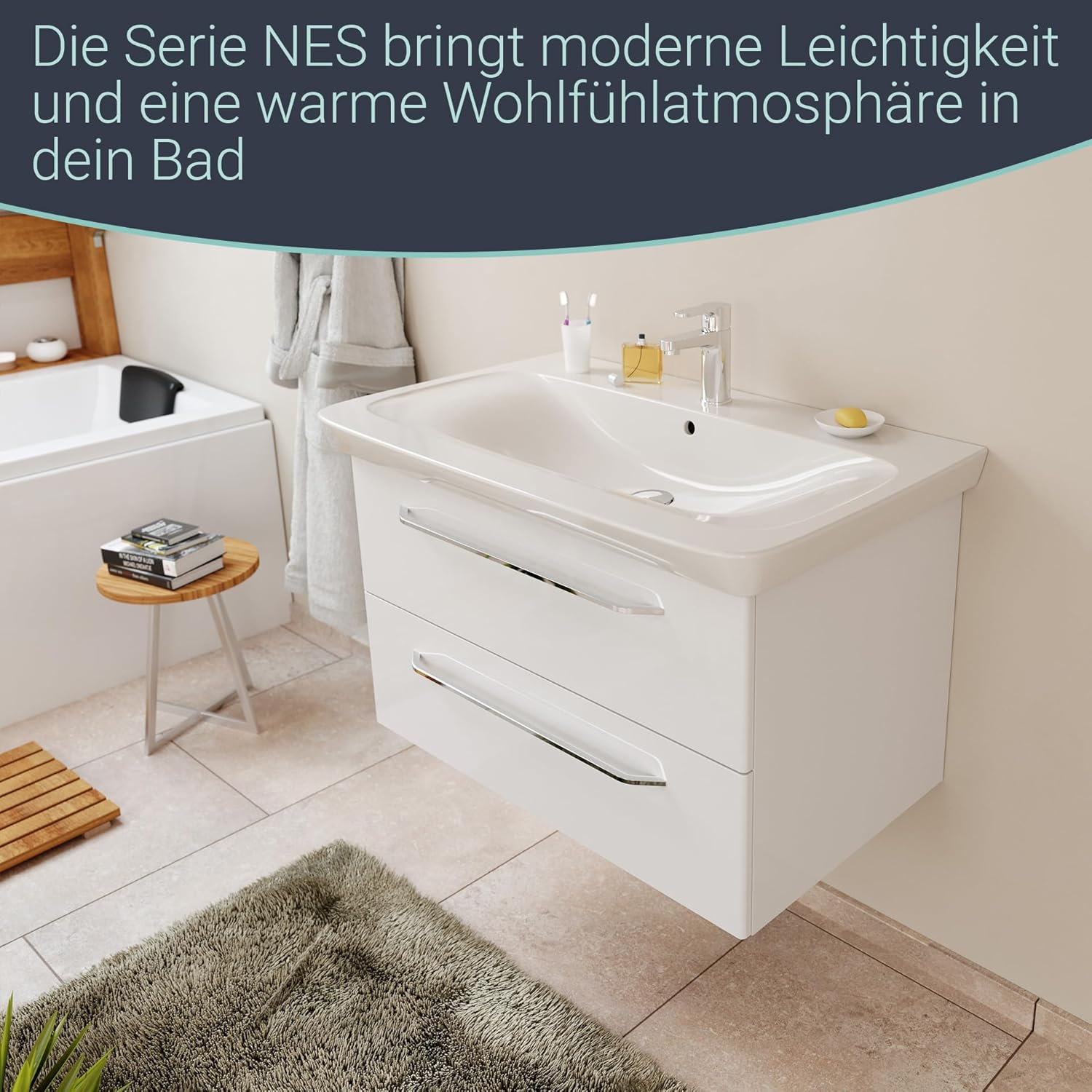 BadeDu NES Badmöbel Set 88cm, Weiß, 2-teilig – Modernes Möbel-Set mit Waschbecken und Unterschrank, Hochglanz Weiß, 2 Schubladen mit Soft-Close System – Made in Germany