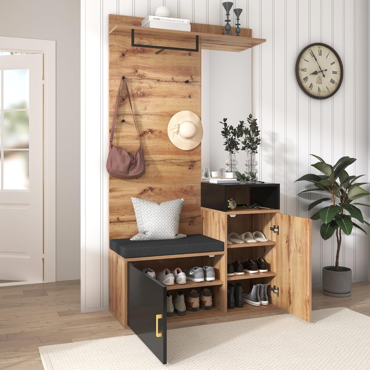 Garderoben-Set, Flurgarderobe mit Sitzbank & Spiegel, Garderobe mit Schuhschrank, Kompaktgarderobe mit 6 goldenen Kleiderhaken, Kissen, oberes Ablagefach, 105*40*190.5cm Holzfarbe & Schwarz