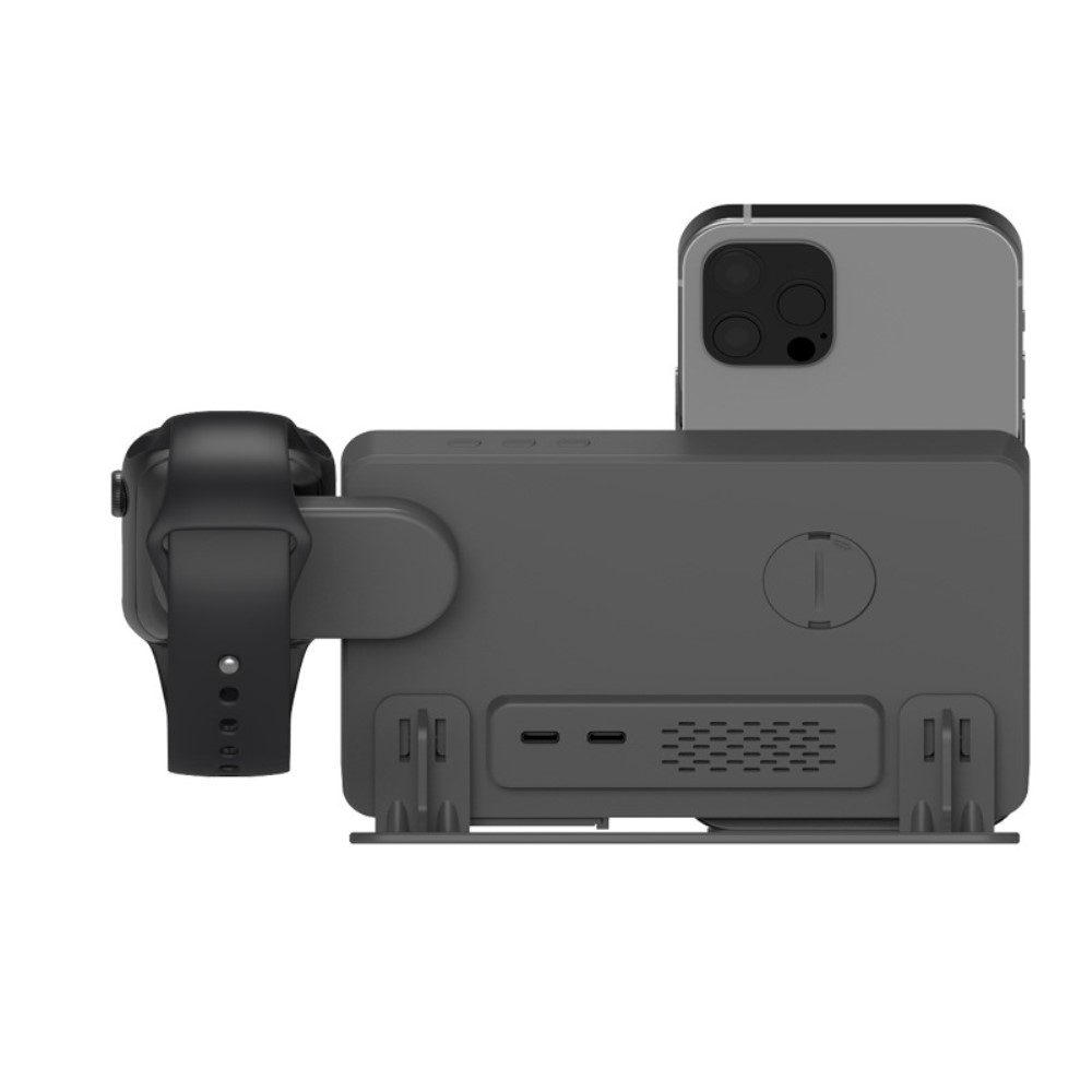 (15W) 4in1 Ladegerät Qi Wireless Charger für Smartphones / Apple Airpods / Apple Watch Ladestation mit Wecker und Temparaturanzeige - Schwarz