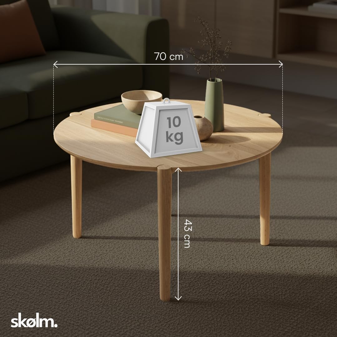 skølm Åsarna Couchtisch rund Ø 70 cm – Wohnzimmertisch aus Eiche Massivholz – Sofatisch Holz mit 3 Beinen – Kleiner Beistelltisch – Holztisch Wohnzimmer – Round Coffee Table – Moderner Kaffeetisch