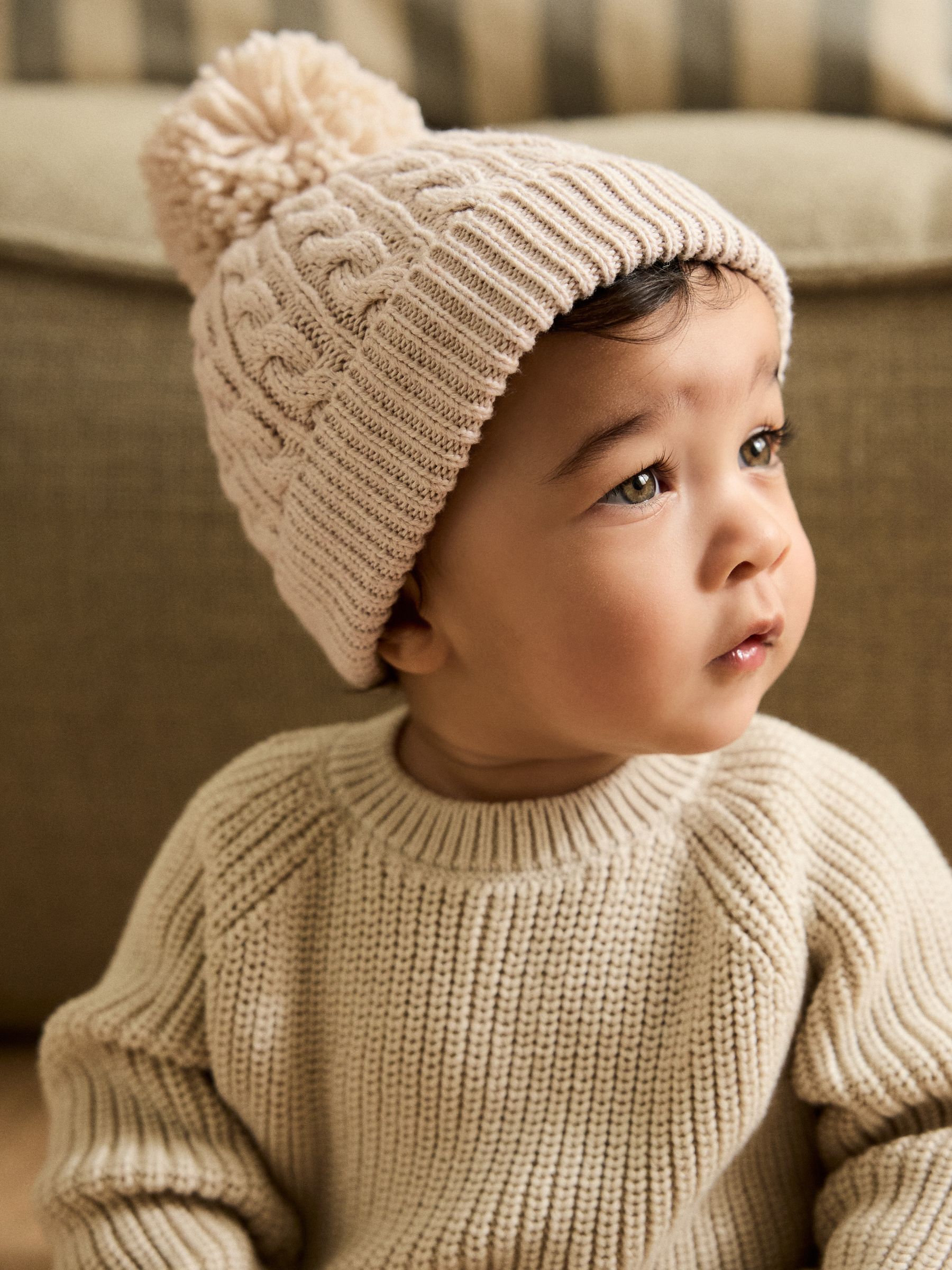 Crème - Gebreide kabel Beanie-muts met pompom
