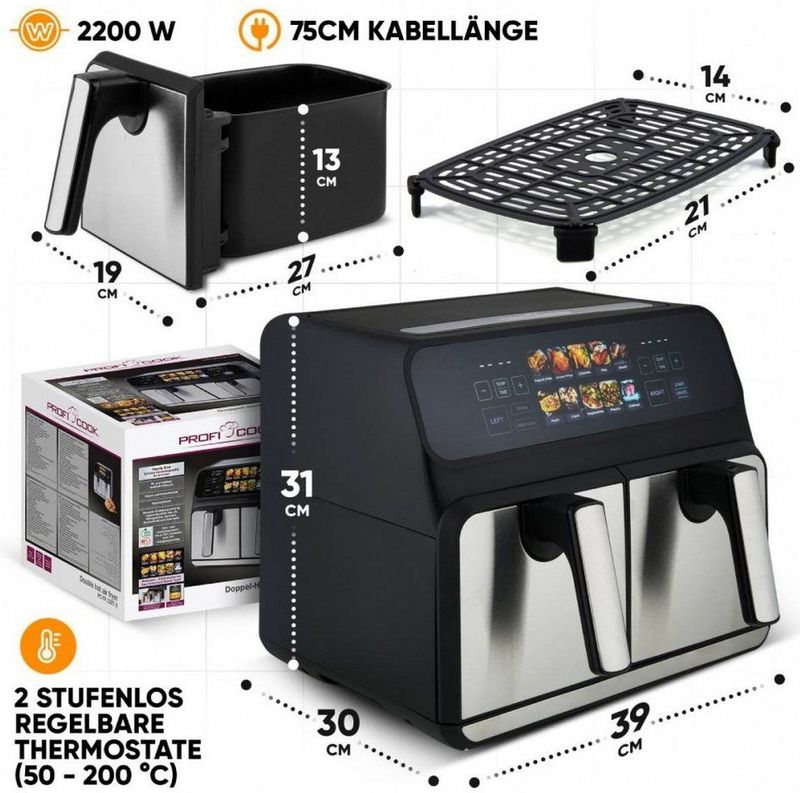 ProfiCook PC FR 1287 H Dubbel 8 Vrijstaand 2200 W Heteluchtfriteuse Zwart, Roestvrijstaal
