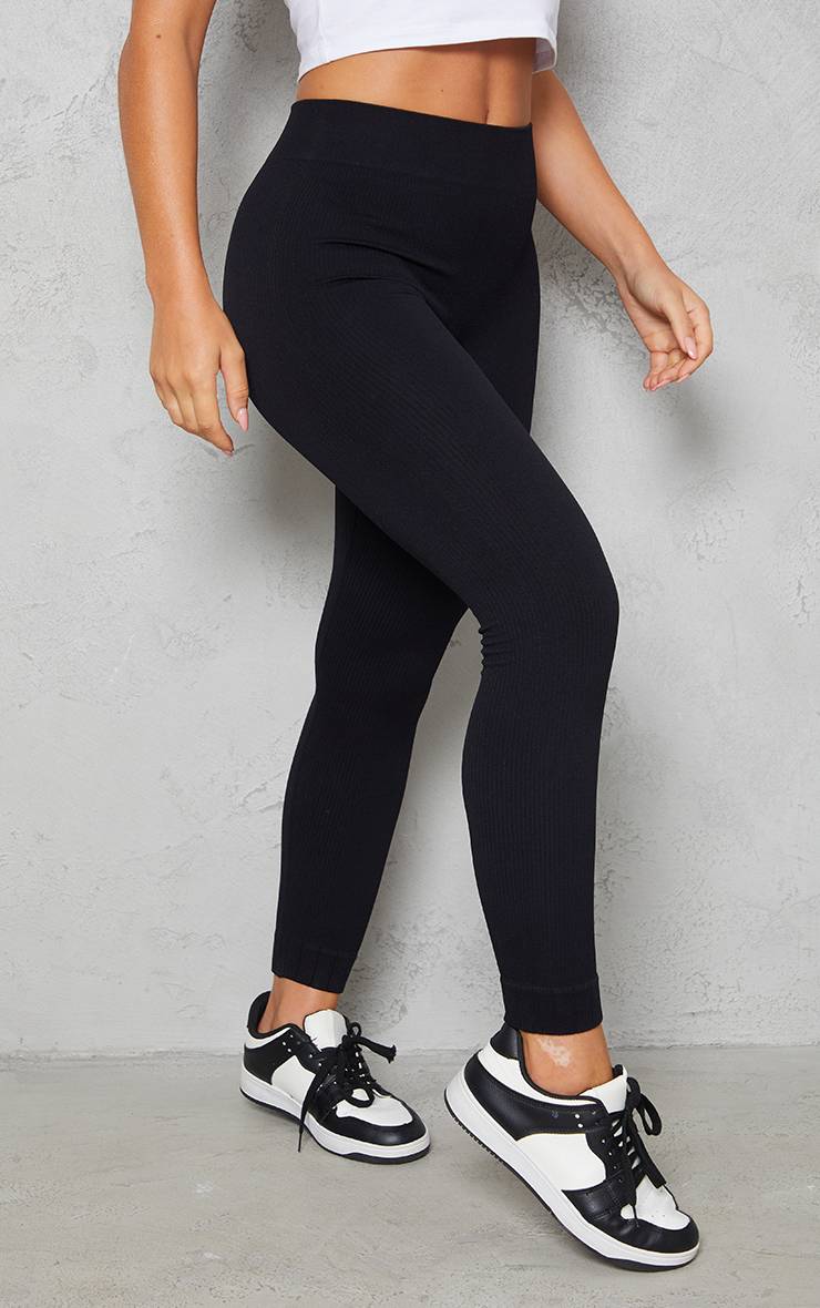 Noir Legging Côtelé Structurant À Détail De Revers Contourés