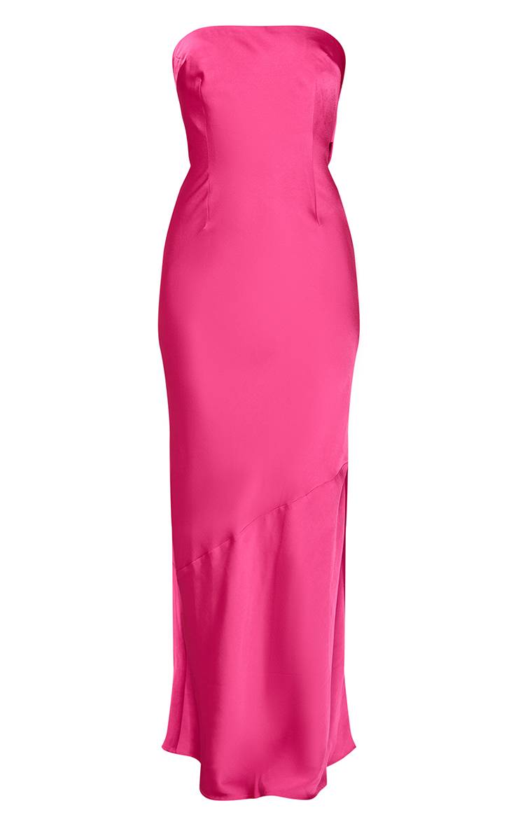 Rose Fuchsia Robe Longue Fuchsia En Satin À Bandeau Et Dos Drapé Cowl
