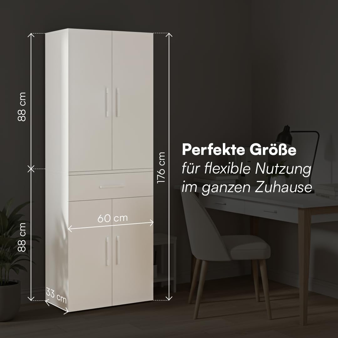 Bellamio Apol Mehrzweckschrank Weiß – Aktenschrank 60 cm breit – Hochschrank aus Holz – Aufbewahrungsschrank mit 5 Fächern & 1 Schublade – Büroschrank, Flurschrank, Allzweckschrank, Schuhschrank