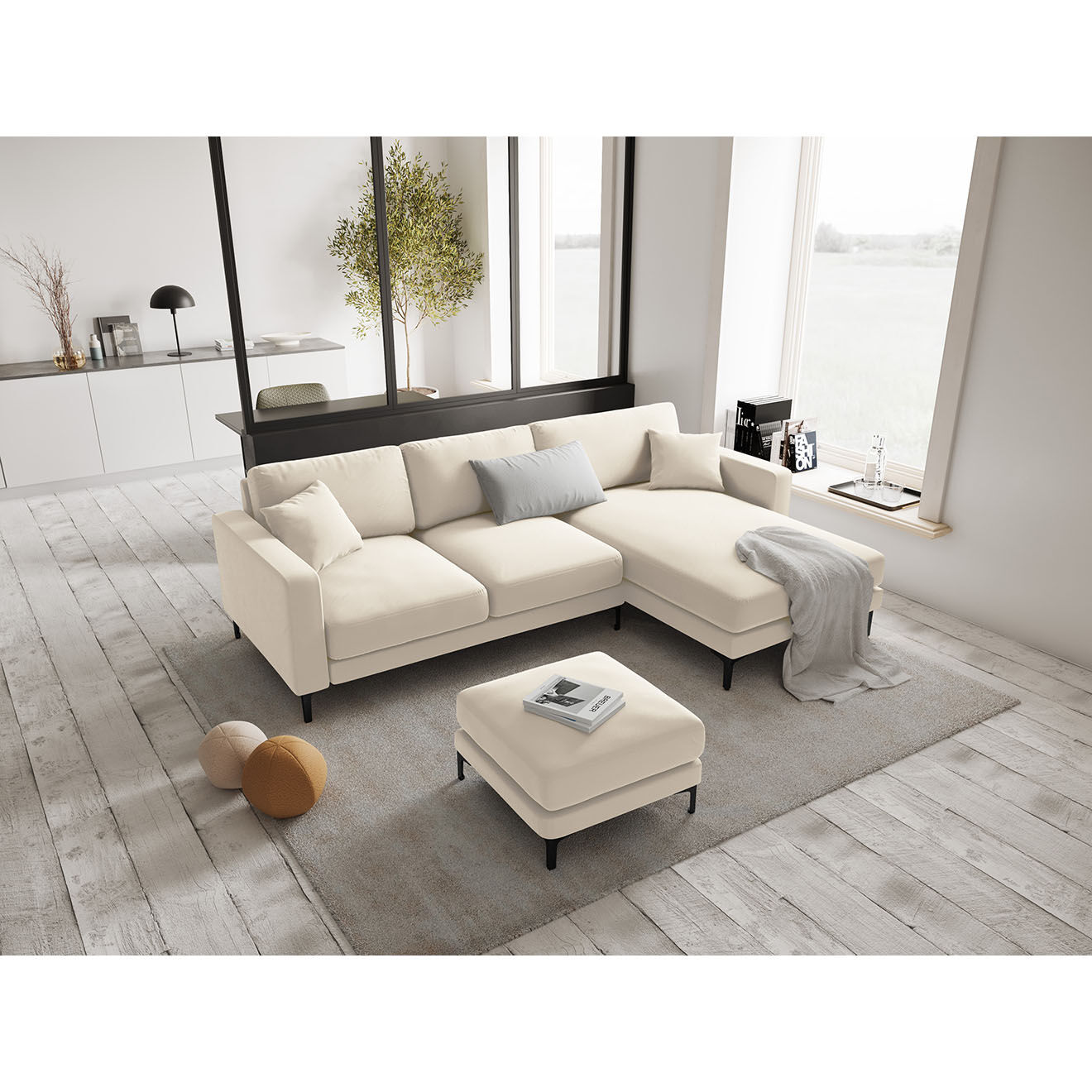 Mazzini Sofas Canapé d'angle Droit Velours Venus 4 Places beige clair - 248x160x90 cm