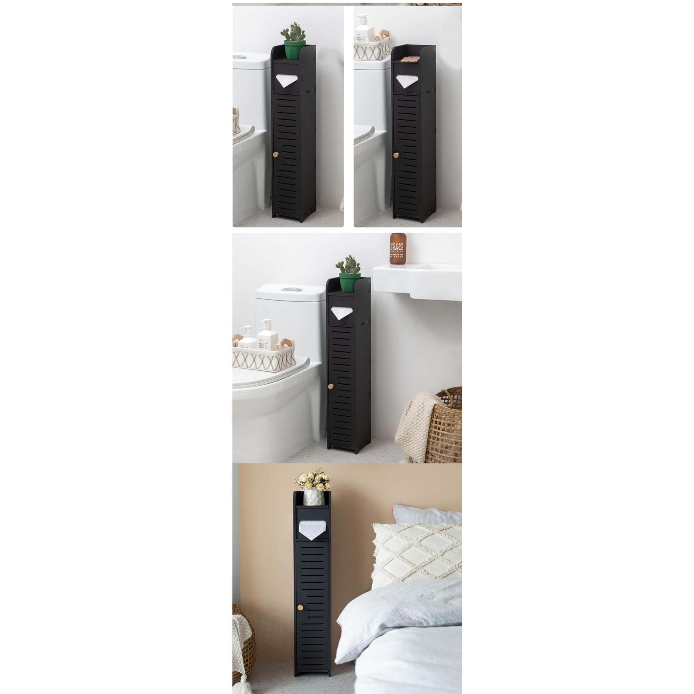 (80x15cm) 2in1 Holz Toiletten Papier Regal WC Papier Halterung mit Ablageflächen - Schwarz